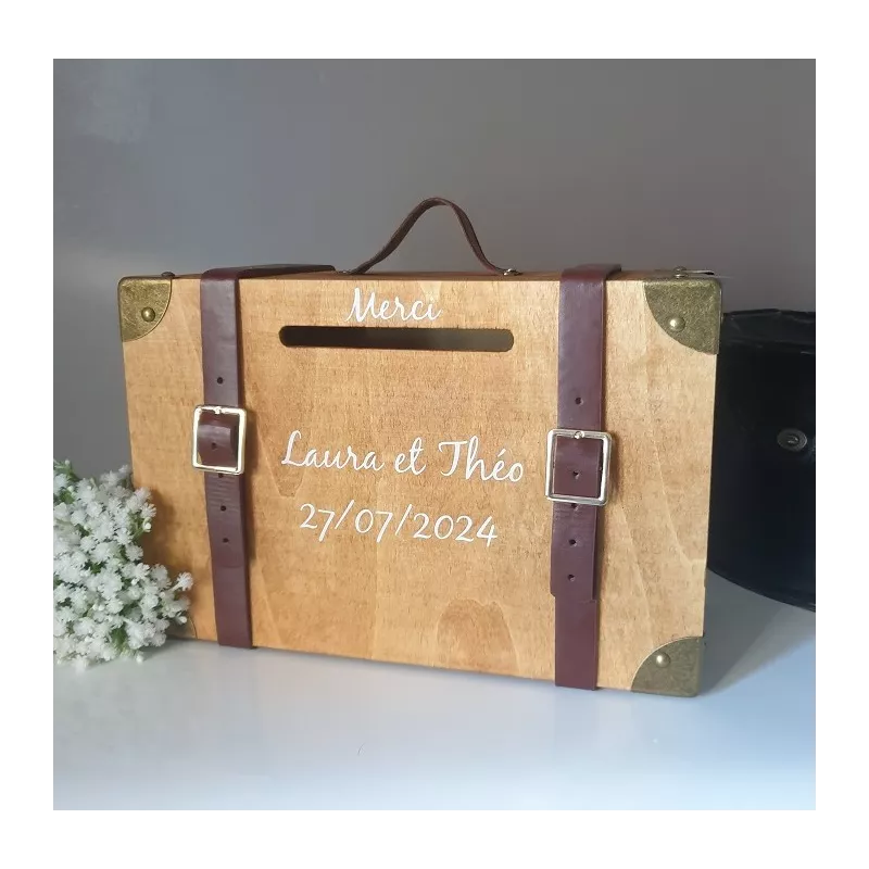 Urne mariage thème voyage en bois couleur chêne et sangles simili cuir