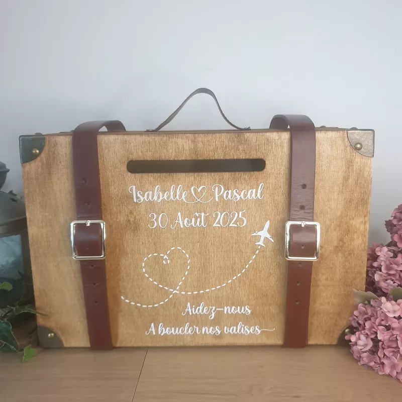 urne valise mariage thème voyage, en bois, personnalisée, avec poignée et 2 sangles en simili cuir marron
