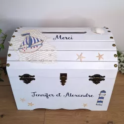 Urne coffre blanc décor marin, personnalisée