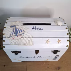 Urne coffre thème marine blanc et bleu personnalisé par Saperlipopette