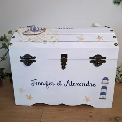 Urne coffre thème marine blanc et bleu personnalisé par Saperlipopette