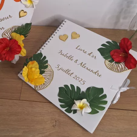 Livre d'or décor tropical, hibiscus jaune, rouge, or, personnalisé