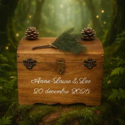 Urne mariage en forme de coffre bois, décor pomme de pin et sapin thème forêt enchantée