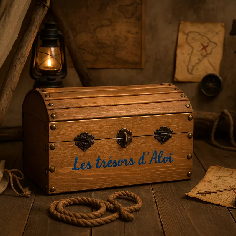 Coffre en bois largeur 30 cm avec loquet, poignées vintage et fermeture par cadenas, personnalisée