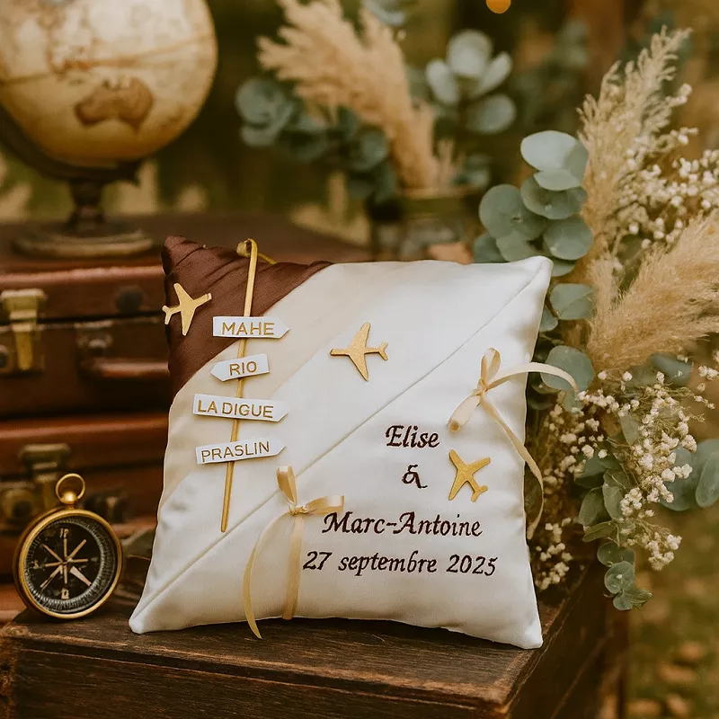 coussin de mariage thème voyage personnalisé