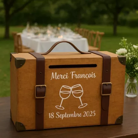 Urne en forme de valise vintage avec décor en façade, deux verres qui trinquent, personnalisée