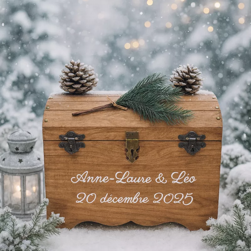 Une coffre personnalisée, thème hiver, montagne