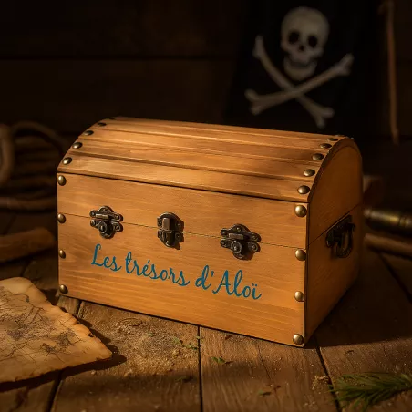 Coffre en bois largeur 30 cm avec loquet, poignées vintage et fermeture par cadenas, personnalisée